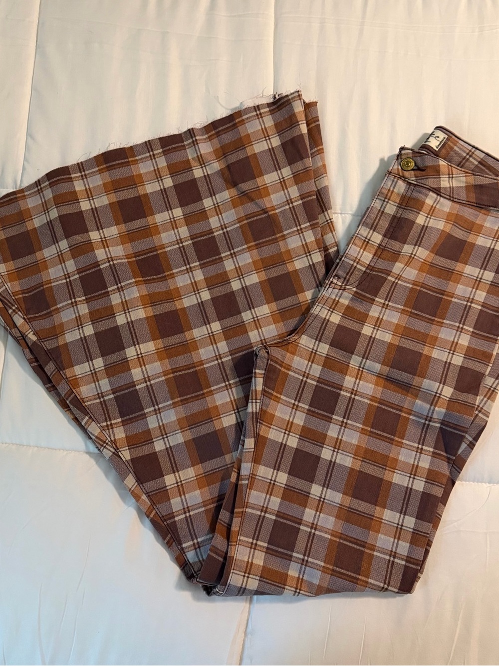 Free People Plaid Flare Jeans in Brown, Tan & Cream
